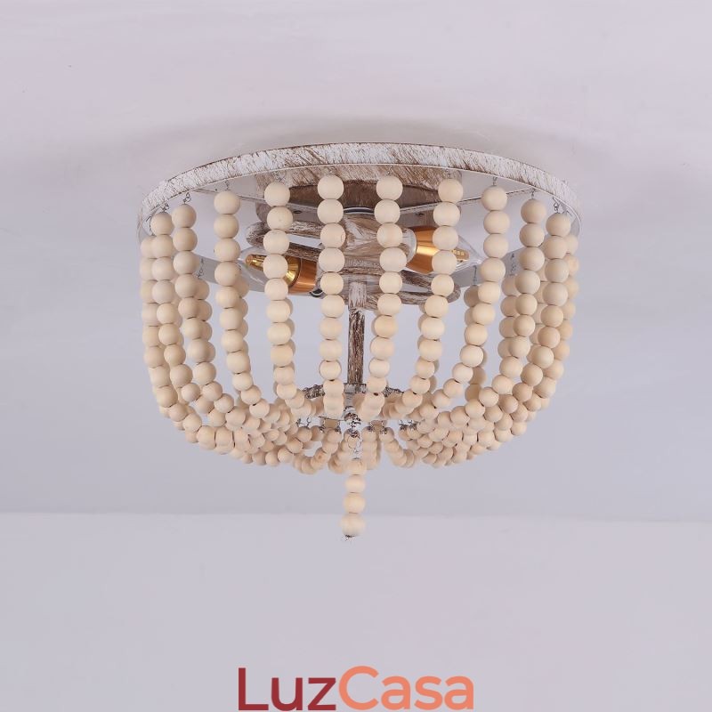 Luminária embutida de teto com contas de madeira de fazenda, 3 luminárias