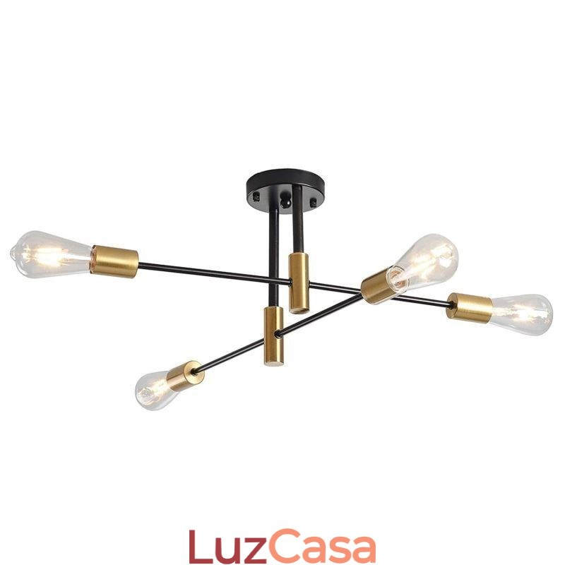 Lustre Sputnik Preto de 4 Luzes, Luminária de Teto Semi Embutida de Meio Século
