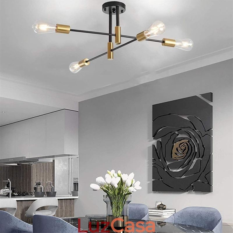 Lustre Sputnik Preto de 4 Luzes, Luminária de Teto Semi Embutida de Meio Século