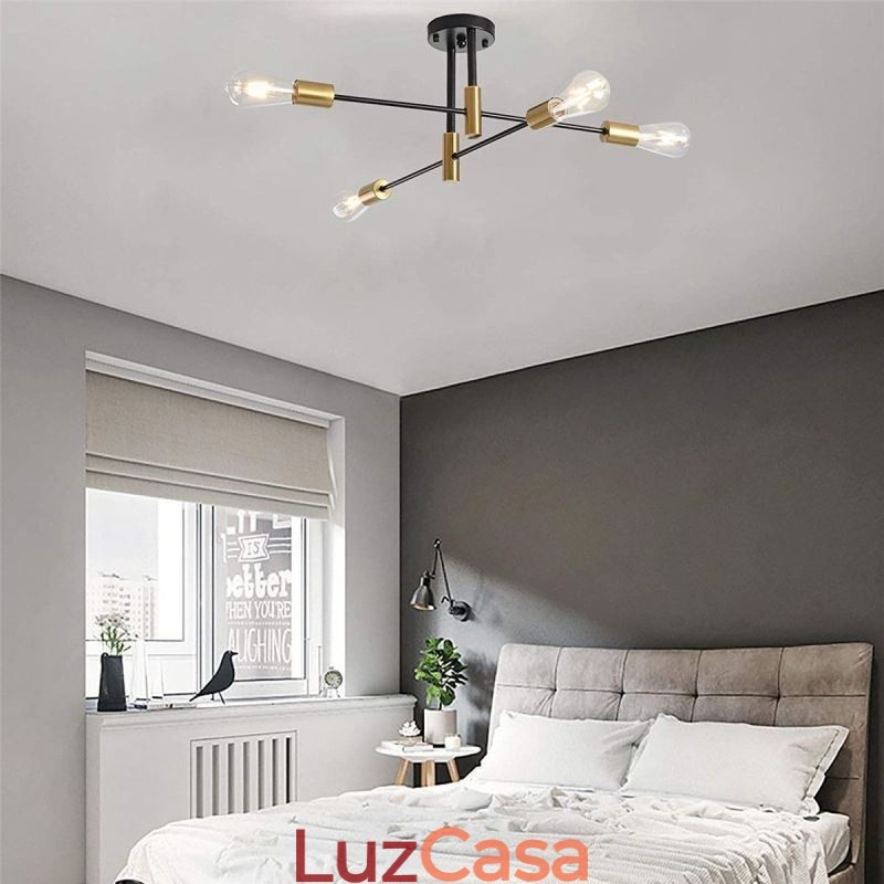 Lustre Sputnik Preto de 4 Luzes, Luminária de Teto Semi Embutida de Meio Século