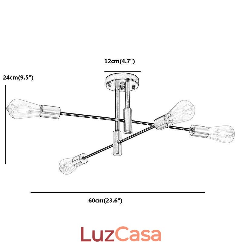 Lustre Sputnik Preto de 4 Luzes, Luminária de Teto Semi Embutida de Meio Século
