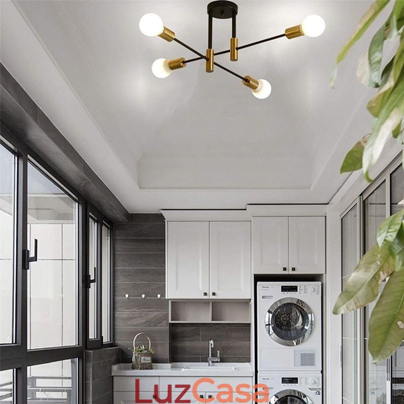 Lustre Sputnik Preto de 4 Luzes, Luminária de Teto Semi Embutida de Meio Século