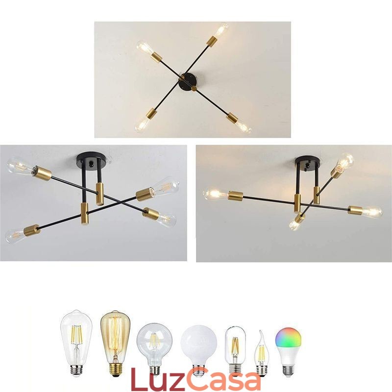 Lustre Sputnik Preto de 4 Luzes, Luminária de Teto Semi Embutida de Meio Século