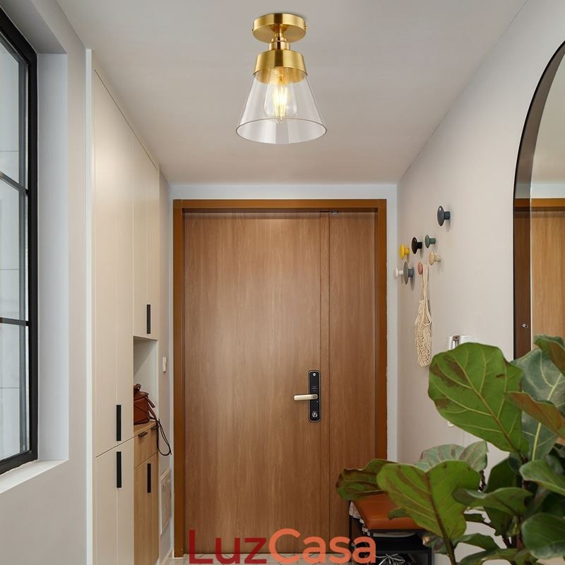 Luminária de teto contemporânea de vidro embutido 1 luz acabamento latão