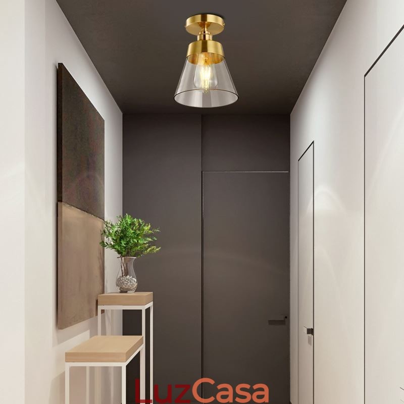 Luminária de teto contemporânea de vidro embutido 1 luz acabamento latão