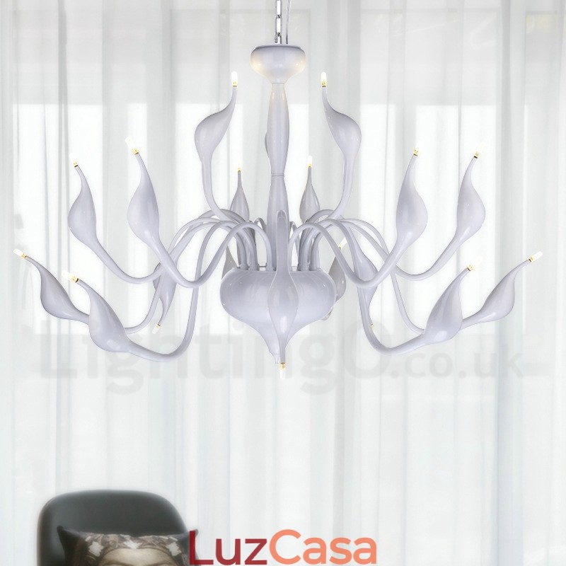 Lustre moderno de cisne de aço inoxidável com 18 luzes G4 com acabamento branco