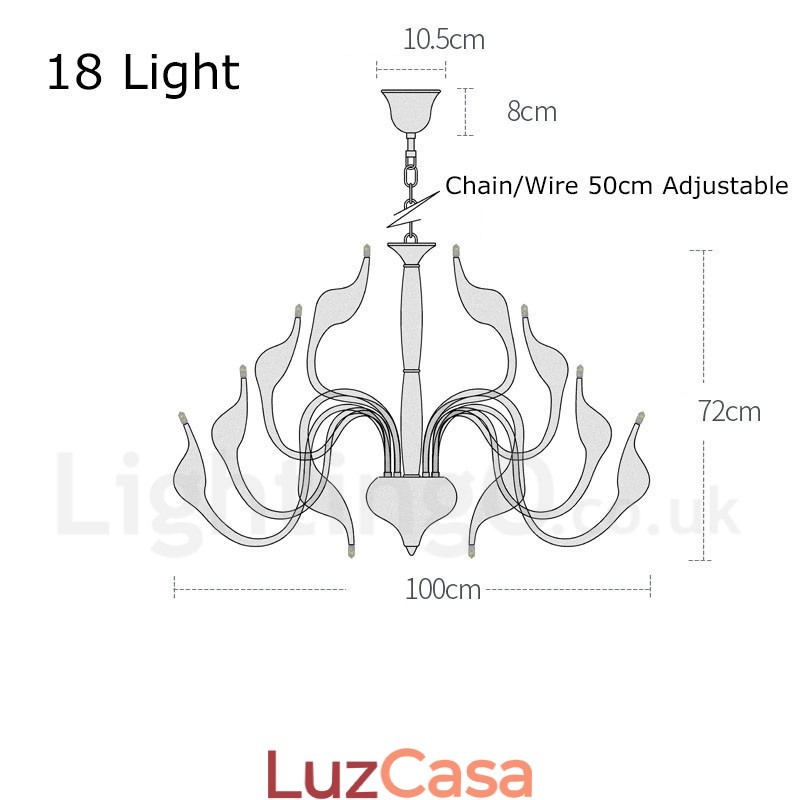 Lustre moderno de cisne de aço inoxidável com 18 luzes G4 com acabamento branco