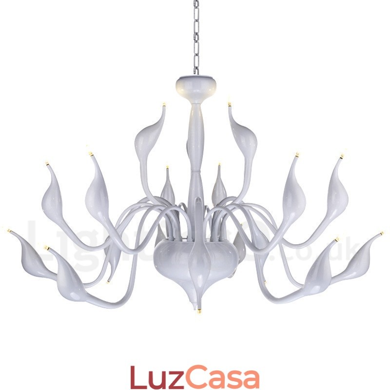 Lustre moderno de cisne de aço inoxidável com 18 luzes G4 com acabamento branco