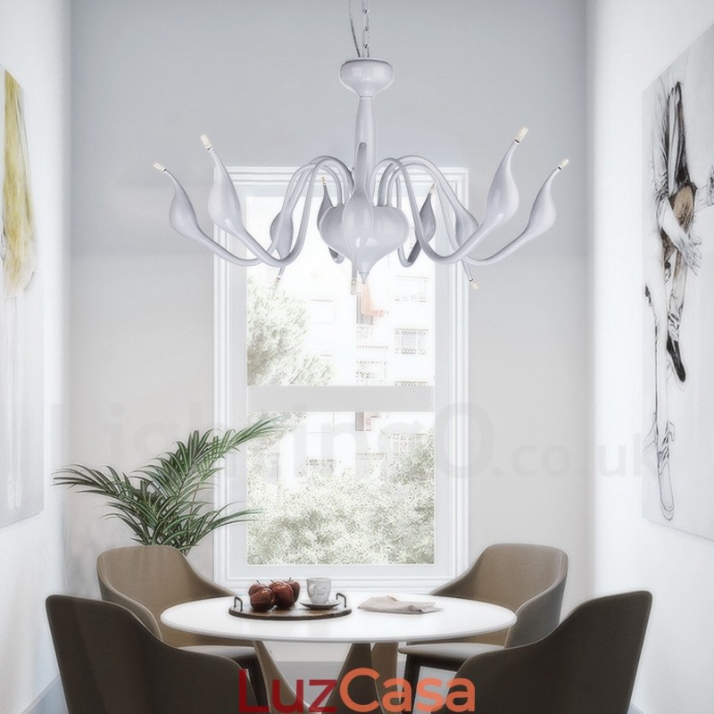 Lustre moderno de cisne de aço inoxidável com 18 luzes G4 com acabamento branco