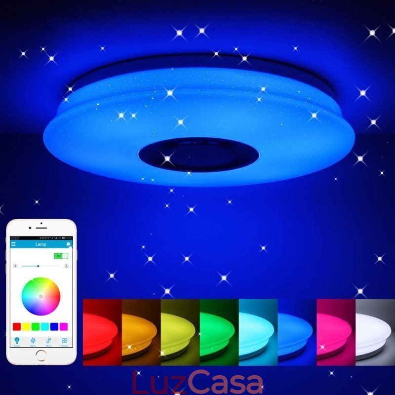 Luminária de teto colorida embutida com função de temporização de alto-falante musical Bluetooth