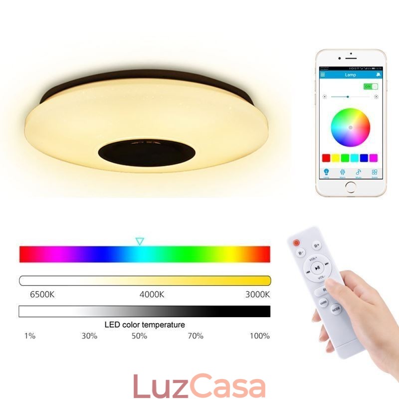 Luminária de teto colorida embutida com função de temporização de alto-falante musical Bluetooth