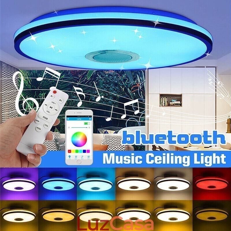 Luminária de teto colorida embutida com função de temporização de alto-falante musical Bluetooth