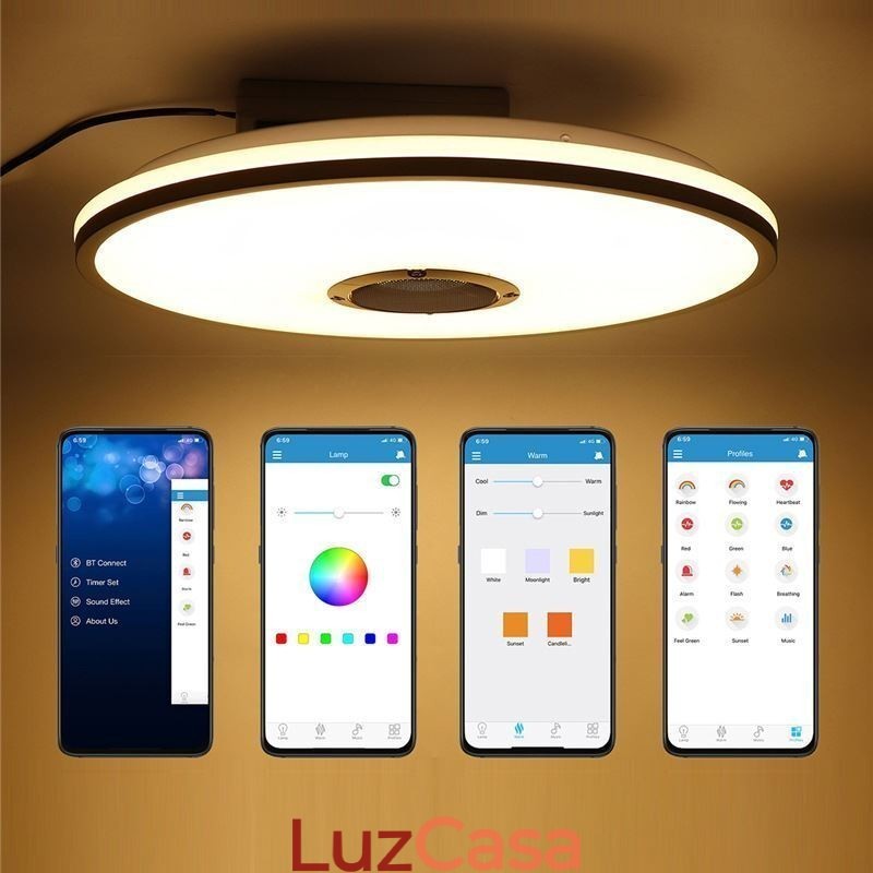 Luminária de teto colorida embutida com função de temporização de alto-falante musical Bluetooth