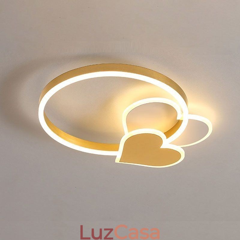 Luminária de teto moderna de acrílico embutida dourada com dois corações