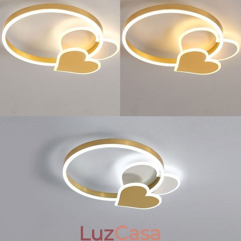 Luminária de teto moderna de acrílico embutida dourada com dois corações