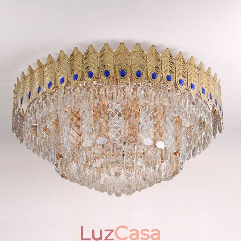 Cristal Flush Mount redondo galvanizado Phoenix Tail ouro luxo decorativo luz de teto
