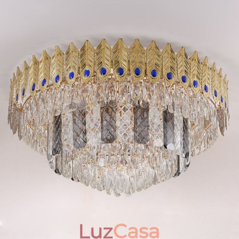 Cristal Flush Mount redondo galvanizado Phoenix Tail ouro luxo decorativo luz de teto
