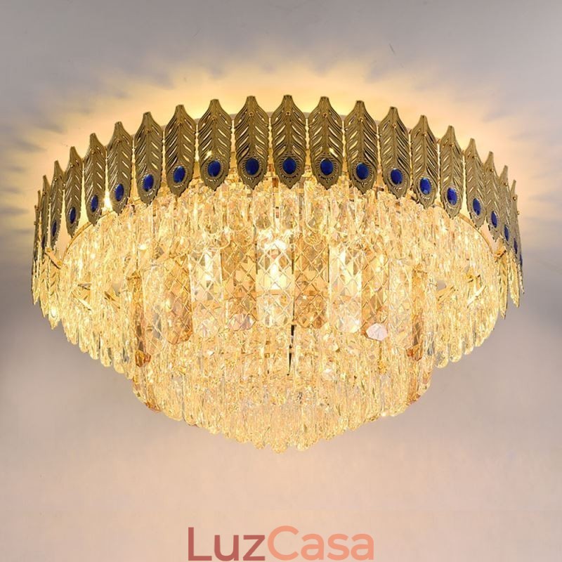 Cristal Flush Mount redondo galvanizado Phoenix Tail ouro luxo decorativo luz de teto