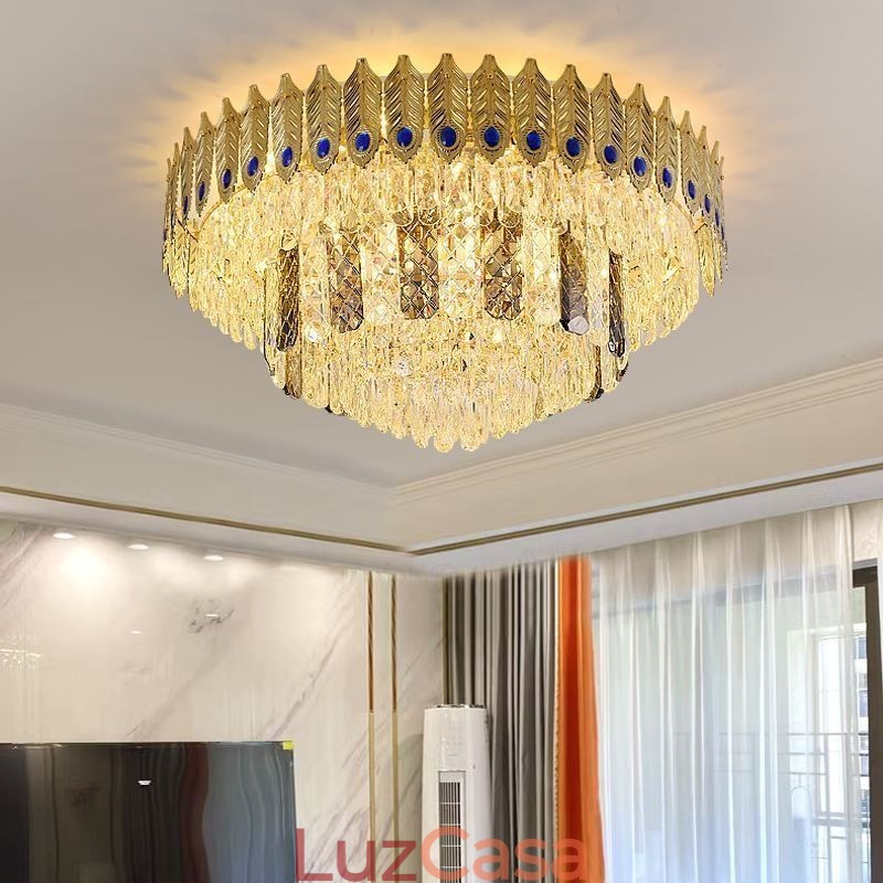 Cristal Flush Mount redondo galvanizado Phoenix Tail ouro luxo decorativo luz de teto
