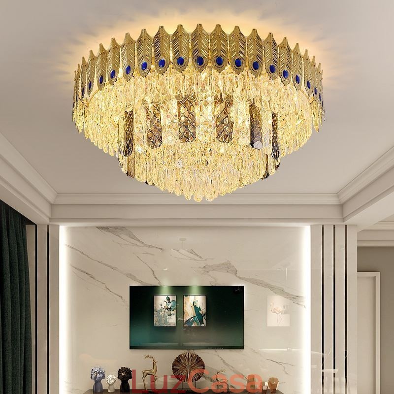 Cristal Flush Mount redondo galvanizado Phoenix Tail ouro luxo decorativo luz de teto