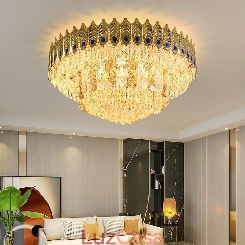 Cristal Flush Mount redondo galvanizado Phoenix Tail ouro luxo decorativo luz de teto