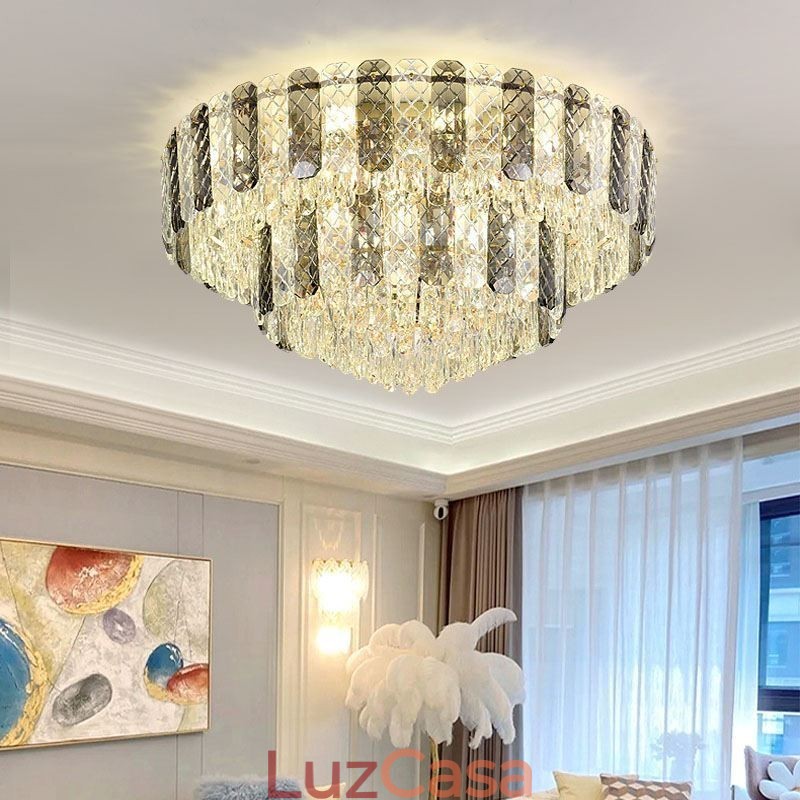 Luminária de teto decorativa de luxo redonda de camada dupla de montagem embutida de cristal 80 cm