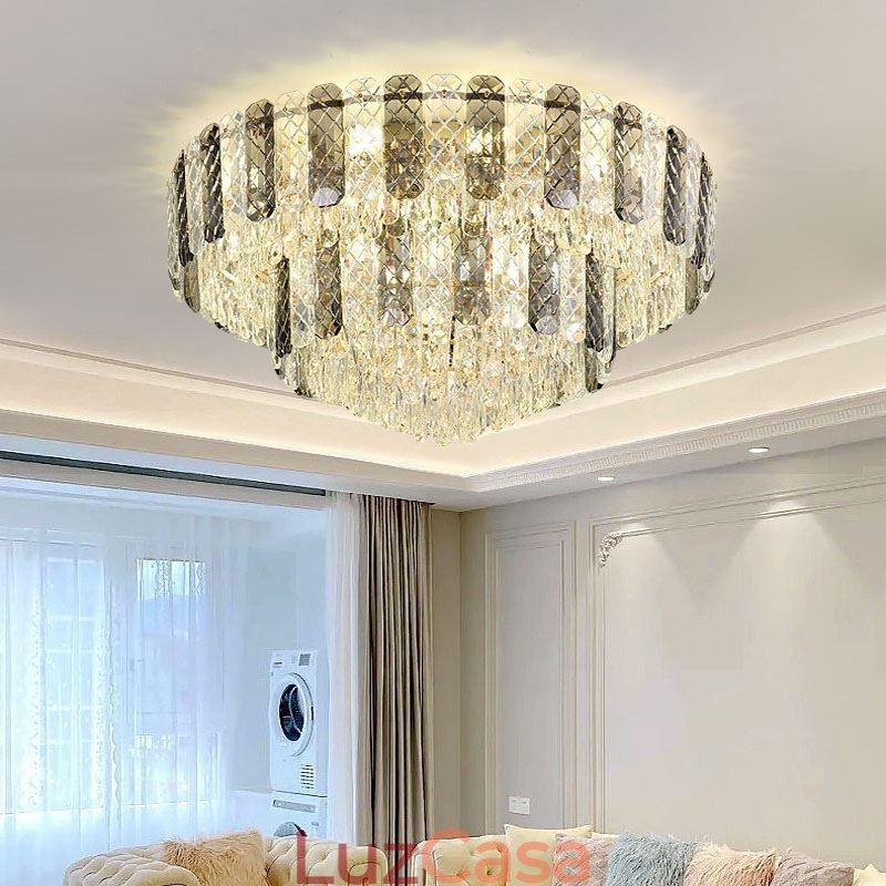 Luminária de teto decorativa de luxo redonda de camada dupla de montagem embutida de cristal 80 cm