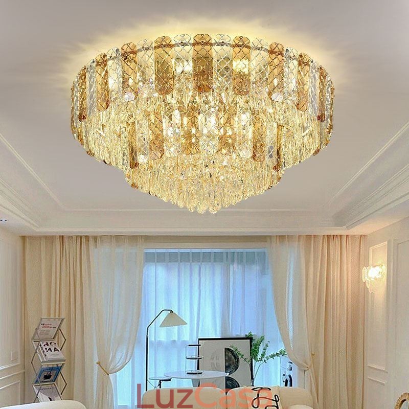 Luminária de teto decorativa de luxo redonda de camada dupla de montagem embutida de cristal 80 cm