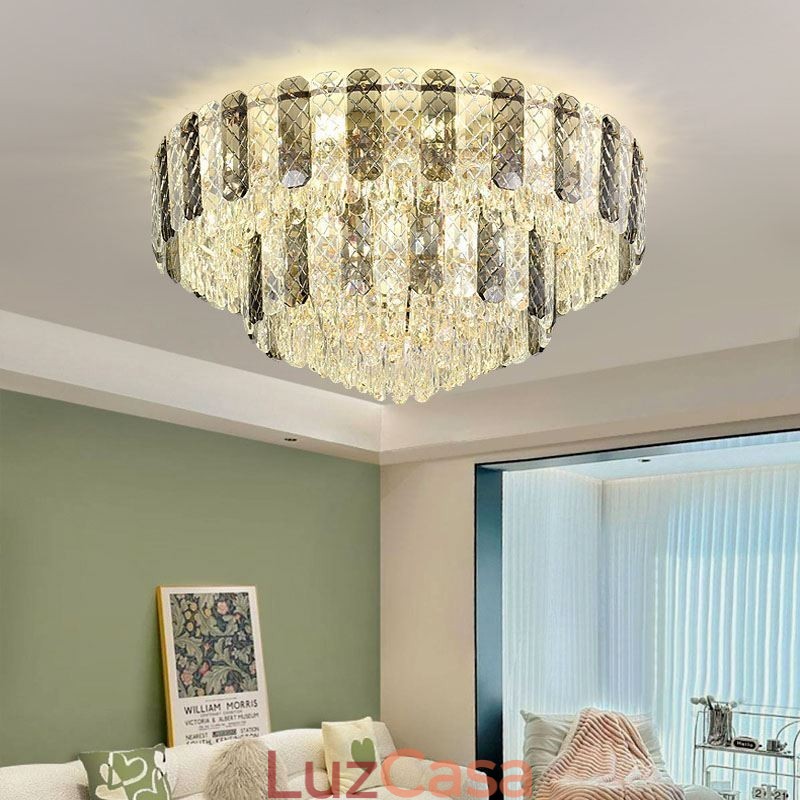 Luminária de teto decorativa de luxo redonda de camada dupla de montagem embutida de cristal 80 cm