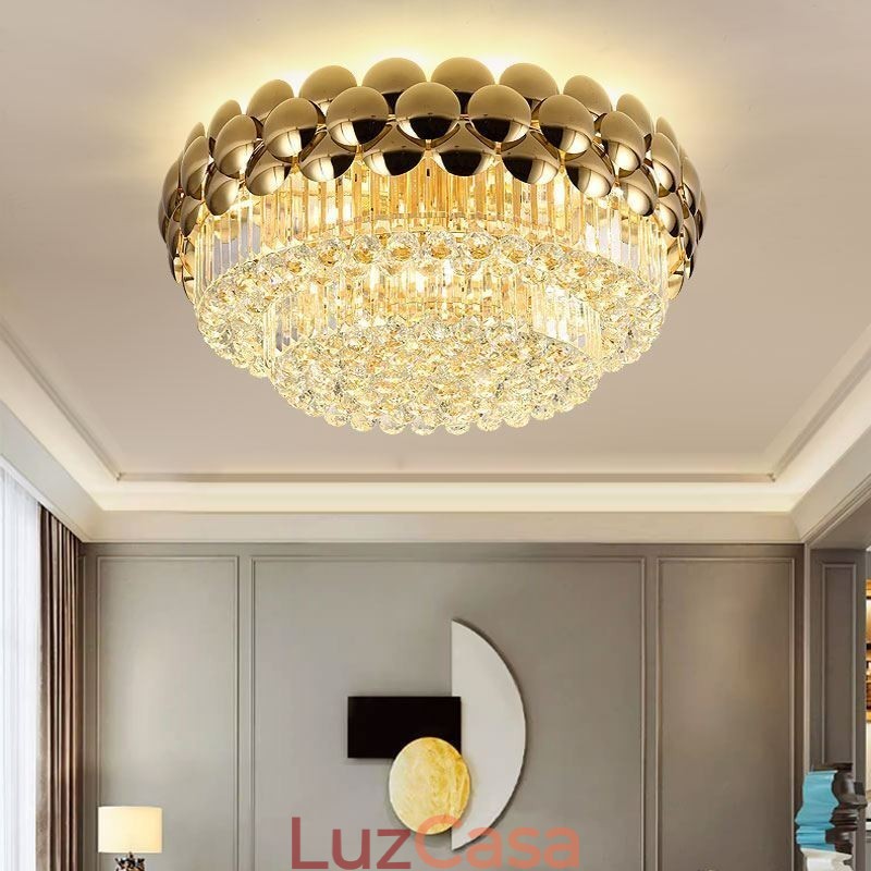 Luminária de teto decorativa de luxo em ouro galvanizado redondo com montagem embutida de cristal 80 cm