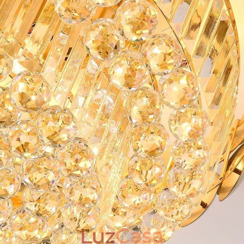 Luminária de teto decorativa de luxo em ouro galvanizado redondo com montagem embutida de cristal 80 cm