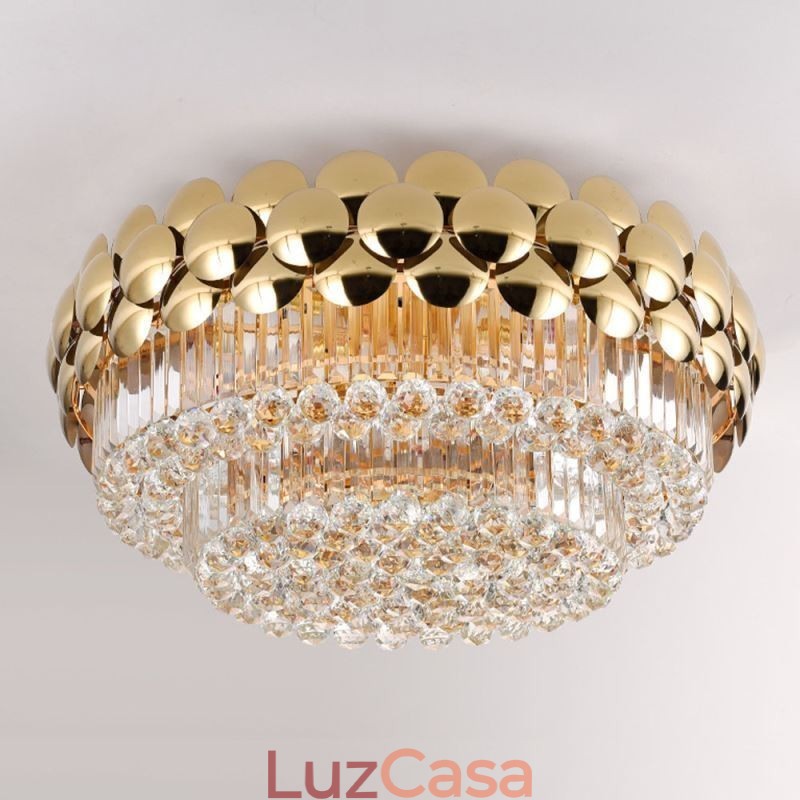 Luminária de teto decorativa de luxo em ouro galvanizado redondo com montagem embutida de cristal 80 cm