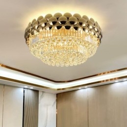 Luminária de teto decorativa de luxo em ouro galvanizado redondo com montagem embutida de cristal 80 cm
