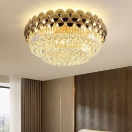 Luminária de teto decorativa de luxo em ouro galvanizado redondo com montagem embutida de cristal 80 cm