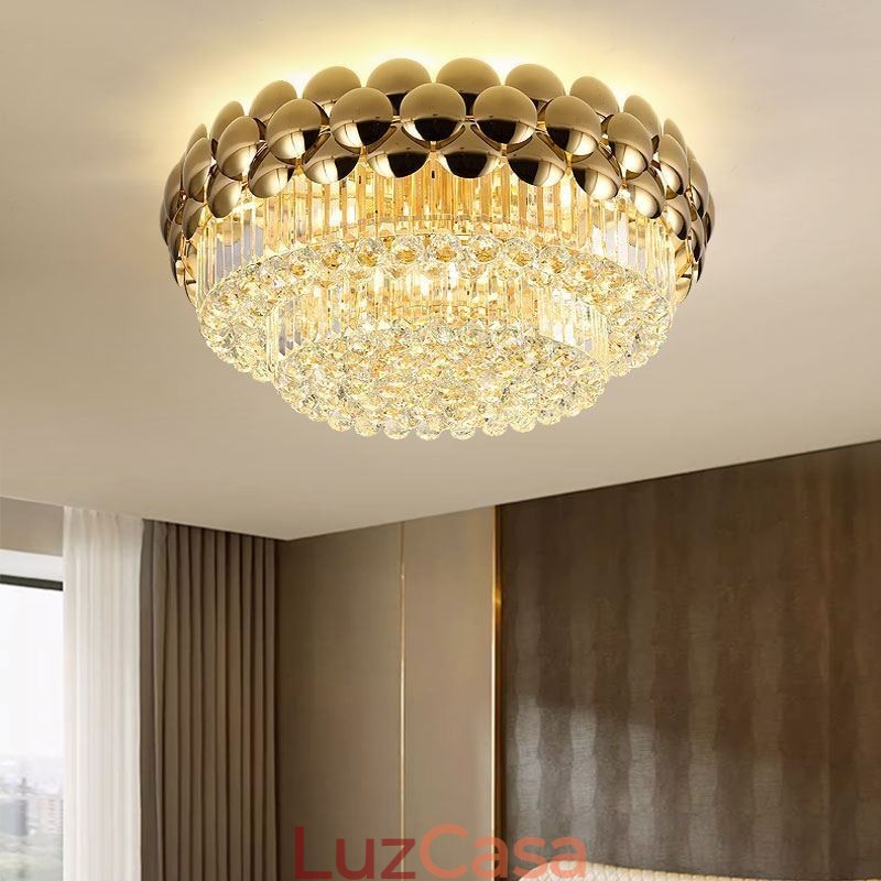 Luminária de teto decorativa de luxo em ouro galvanizado redondo com montagem embutida de cristal 80 cm