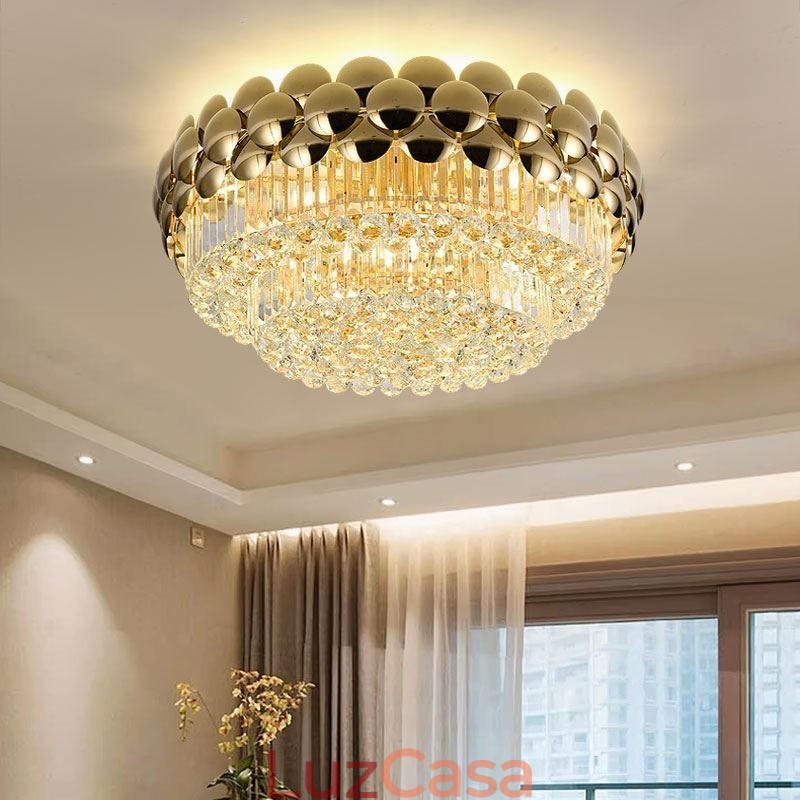 Luminária de teto decorativa de luxo em ouro galvanizado redondo com montagem embutida de cristal 80 cm