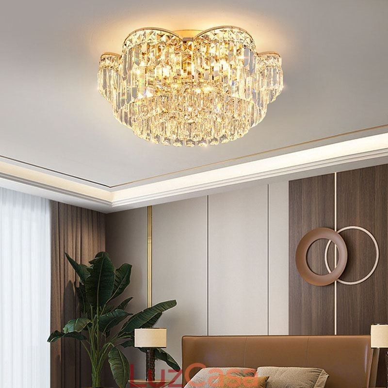 Luminária de teto de cristal redonda luxuosa com montagem embutida