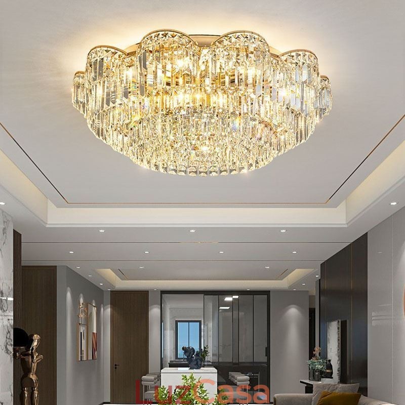 Luminária de teto de cristal redonda luxuosa com montagem embutida