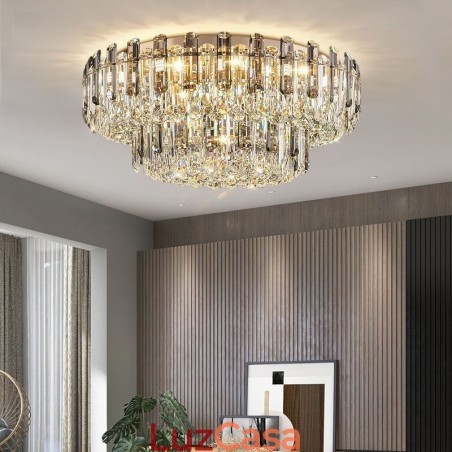 Luminária de teto de cristal redonda com decoração embutida em cinza esfumaçado Luminária de teto de cristal redonda com decoração embutida em cinza esfumaçado