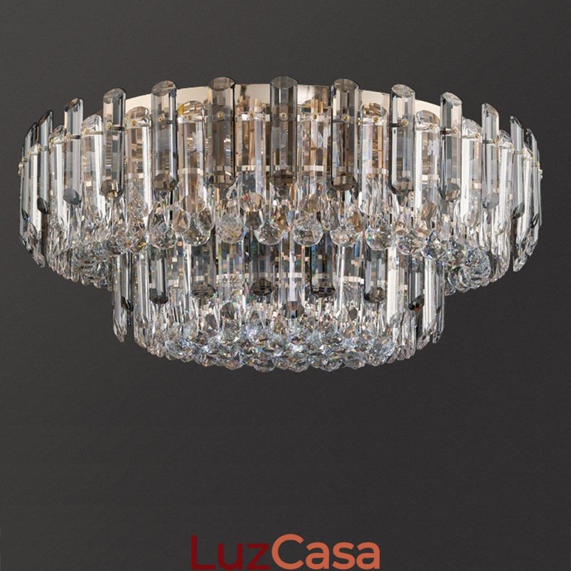 Luminária de teto de cristal redonda com decoração embutida em cinza esfumaçado