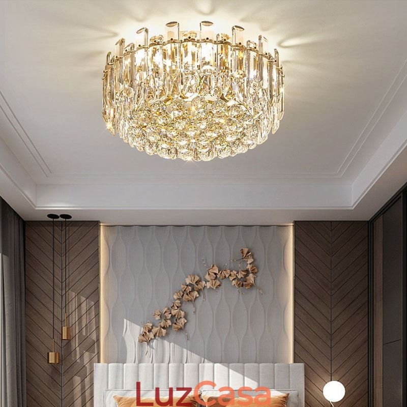 Luminária de teto de cristal de luxo embutida redonda com decoração de cristal