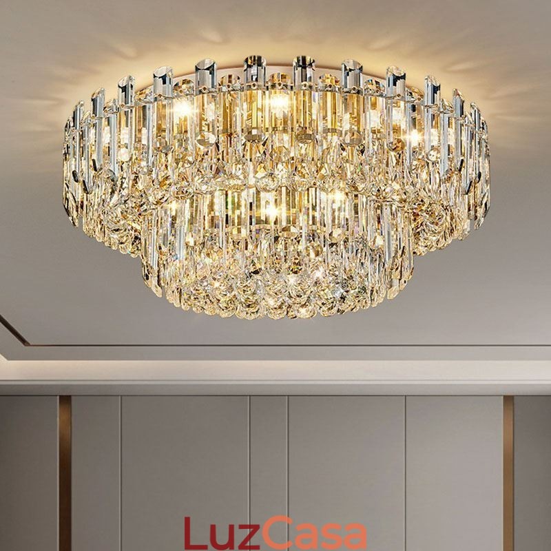 Luminária de teto de cristal de luxo embutida redonda com decoração de cristal
