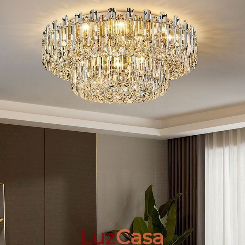 Luminária de teto de cristal de luxo embutida redonda com decoração de cristal