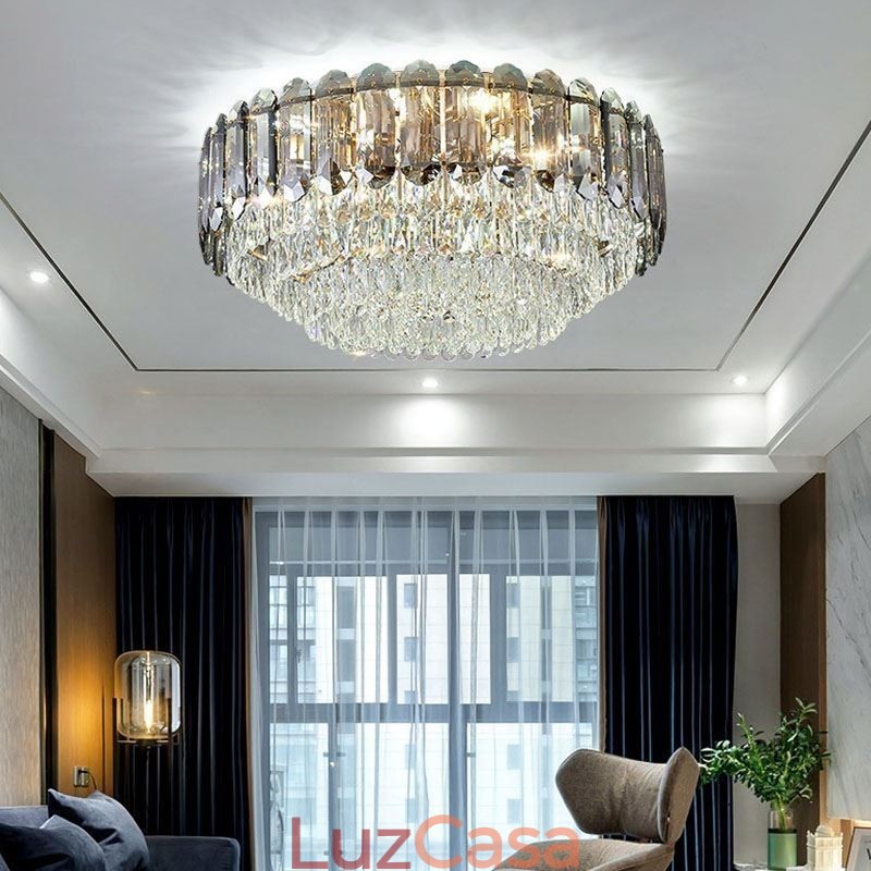 Luminária de teto de cristal redonda cinza esfumaçado para decoração embutida em cristal
