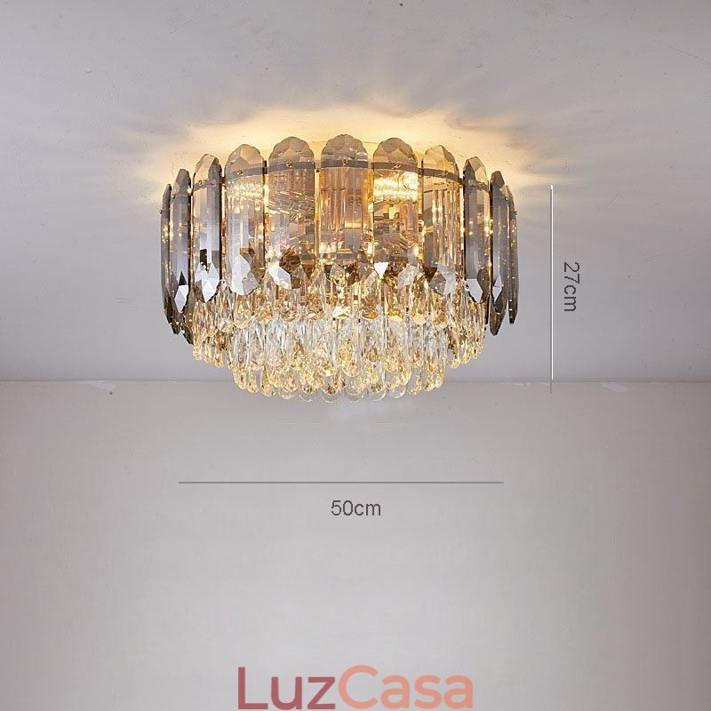 Luminária de teto de cristal redonda cinza esfumaçado para decoração embutida em cristal