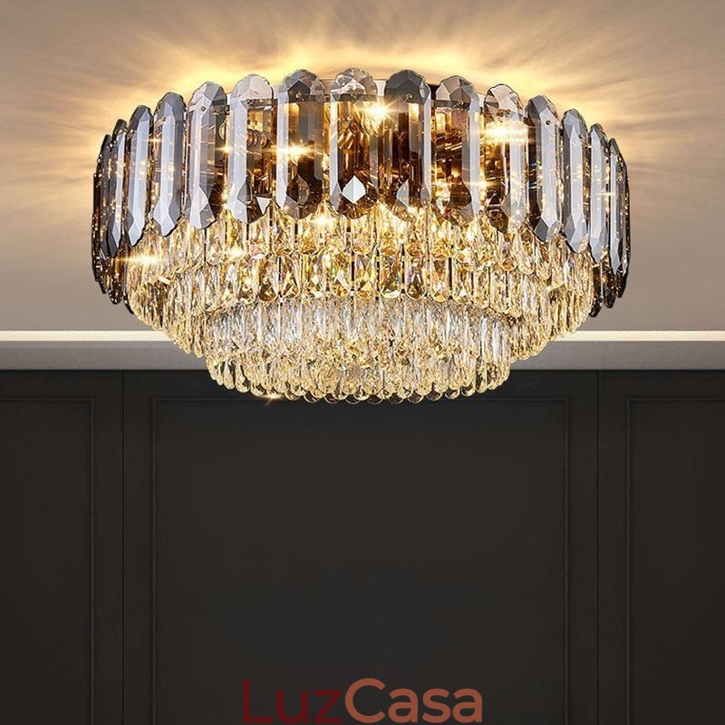 Luminária de teto de cristal redonda cinza esfumaçado para decoração embutida em cristal