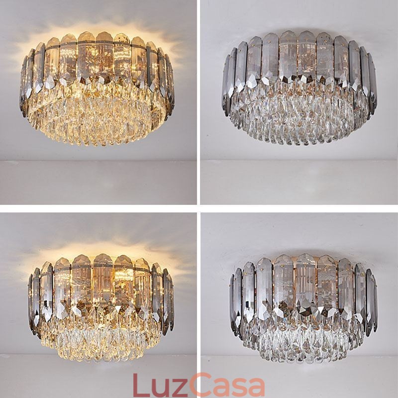 Luminária de teto de cristal redonda cinza esfumaçado para decoração embutida em cristal