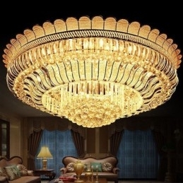 Luminária de teto de cristal de luxo, dourada, montagem embutida, iluminação redonda