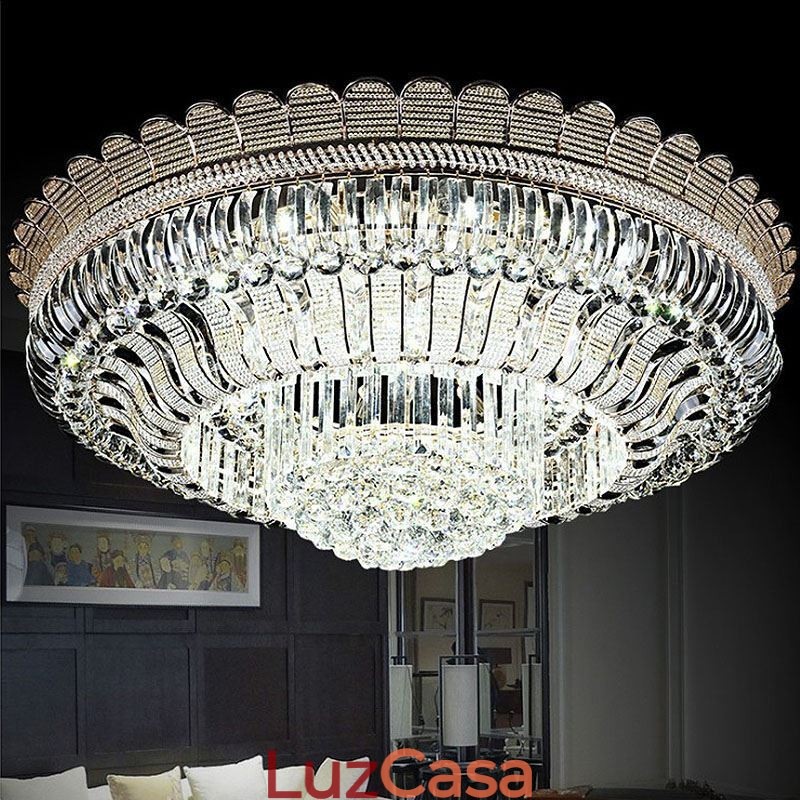 Luminária de teto de cristal de luxo, dourada, montagem embutida, iluminação redonda