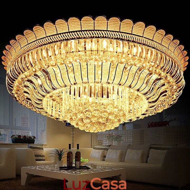 Luminária de teto de cristal de luxo, dourada, montagem embutida, iluminação redonda